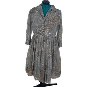 VNTG 1950s Grey Shirtwaist Dress w Rhinestone Buttons & Cufflinks Metal Side Zip